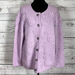 Vintage Appleseeds Wool Cardigan Petite Large Pastel Lilac Floral Embroidered